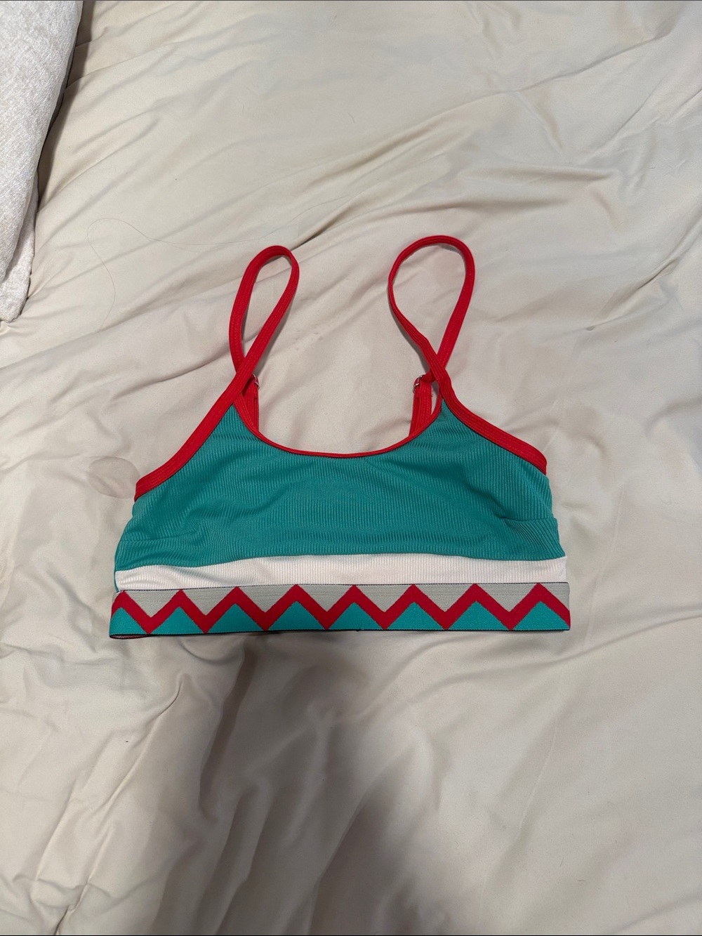 Red-Trim Teal Bikini Top with Zigzag Accent